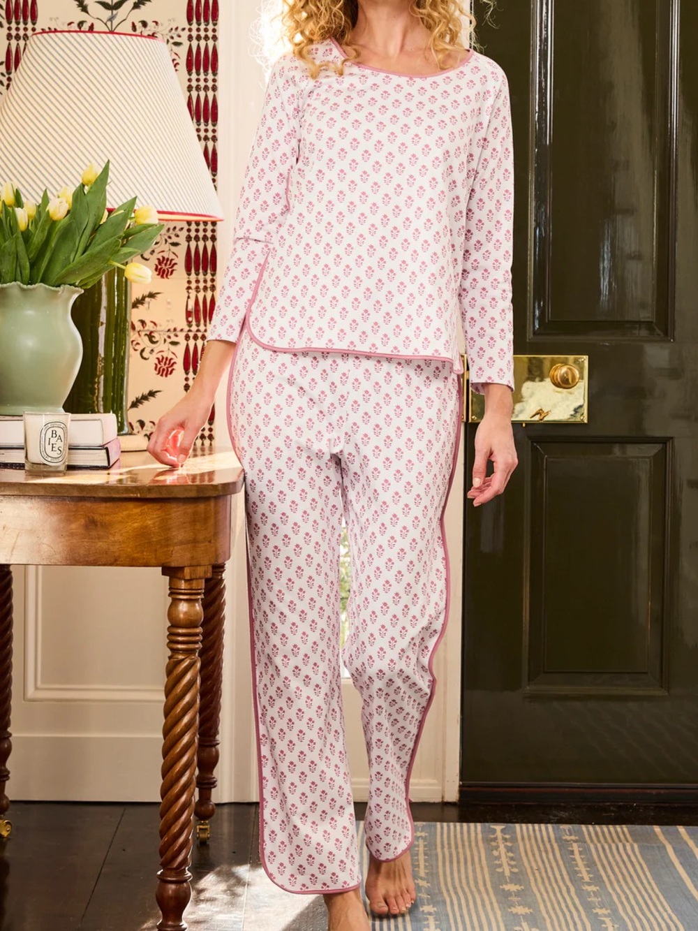 LAKE Pajamas Women’s Size Small Pima Long-Long Set in Neutral Posy 100% Cotton